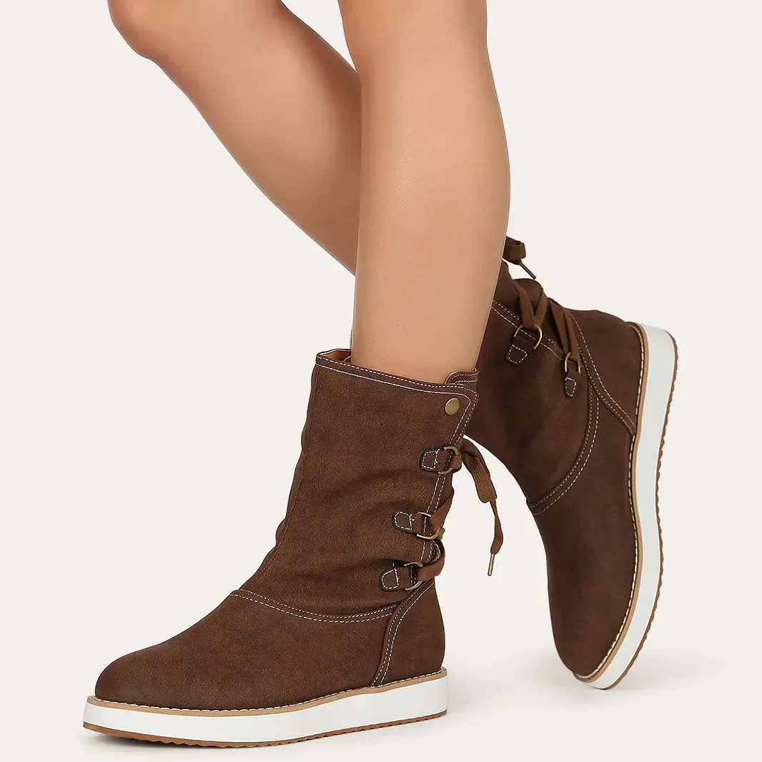 2021 Women Casual Fur Plush Lace Up Short Boots