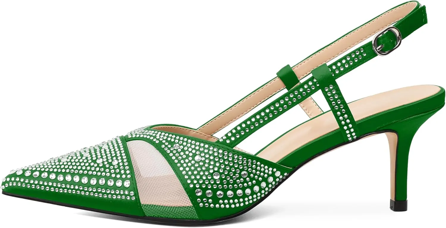 AUMOTED Women Low Heel Pumps Slingback Heels Elegant Pointed Toe 2.5 Inch Heels with Rhinestone Dressy Pumps