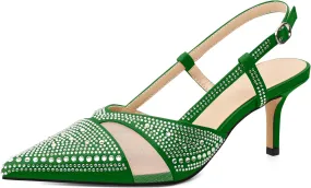 AUMOTED Women Low Heel Pumps Slingback Heels Elegant Pointed Toe 2.5 Inch Heels with Rhinestone Dressy Pumps