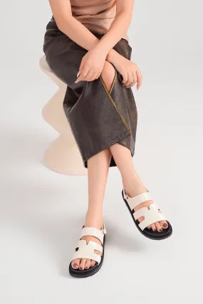 BEIGE CUT OUT DETAIL SOFT SOLE FLAT SLIDERS SANDALS