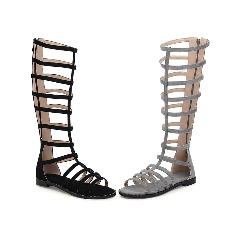 Faux suede knee high gladiator sandals with back zipper