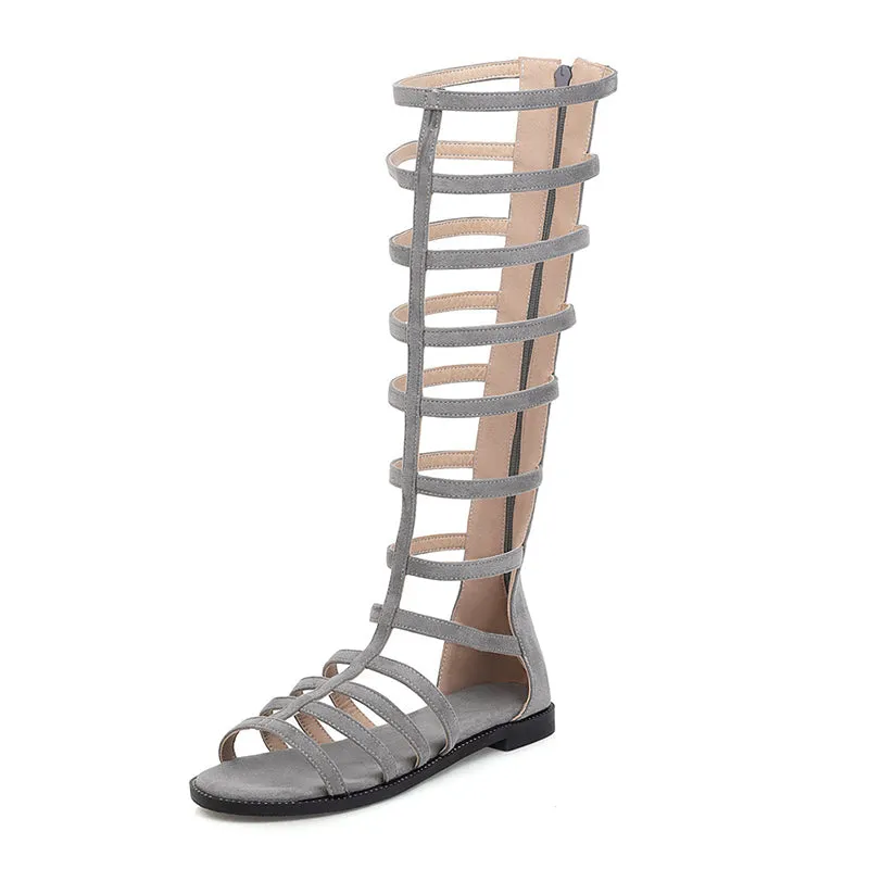 Faux suede knee high gladiator sandals with back zipper