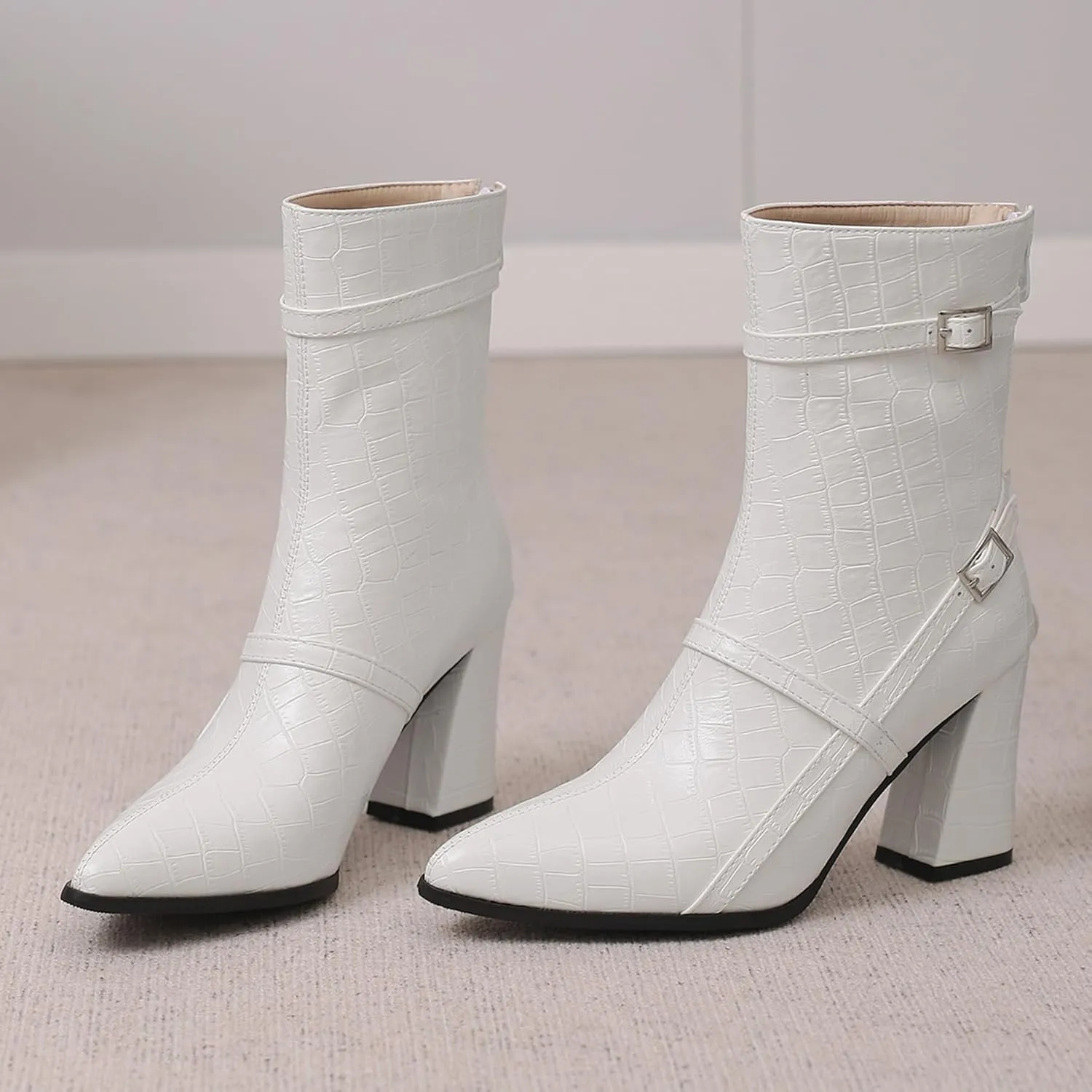 Gicoiz Women Block Heels Elegant Pointed Toe Chelsea Boots Buckle