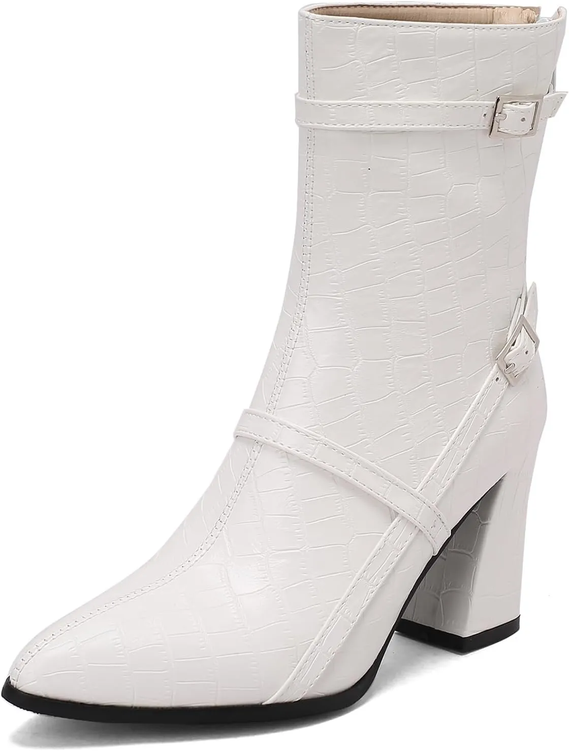 Gicoiz Women Block Heels Elegant Pointed Toe Chelsea Boots Buckle