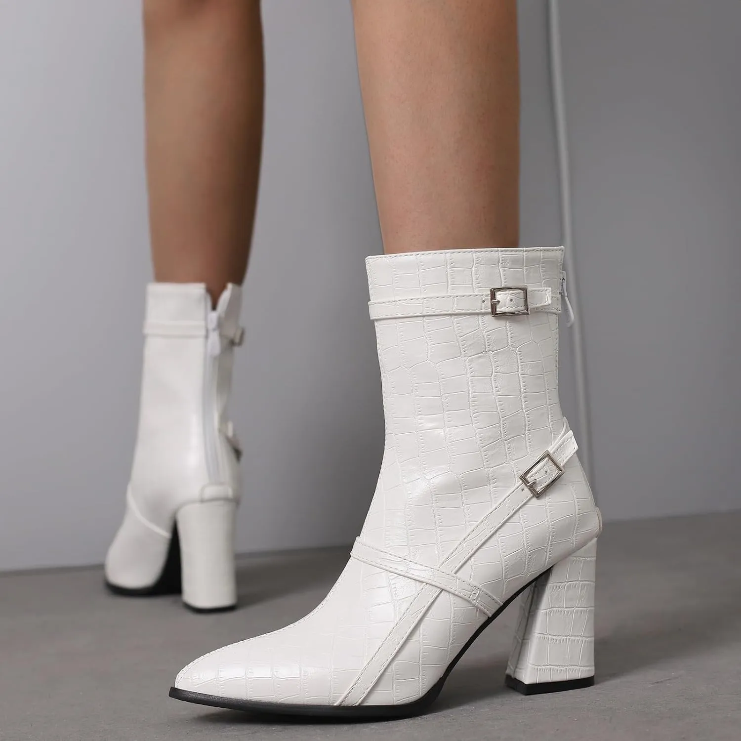 Gicoiz Women Block Heels Elegant Pointed Toe Chelsea Boots Buckle