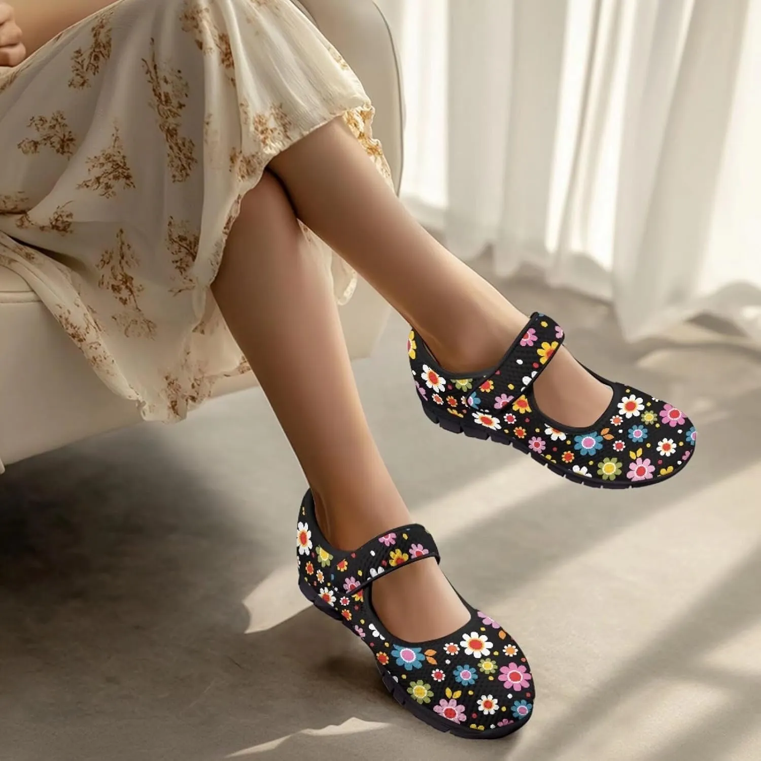 Jeiento Daisy Floral Casual Flats Mary Jane Flats for Women Comfortable Round Toe Slip On Flats