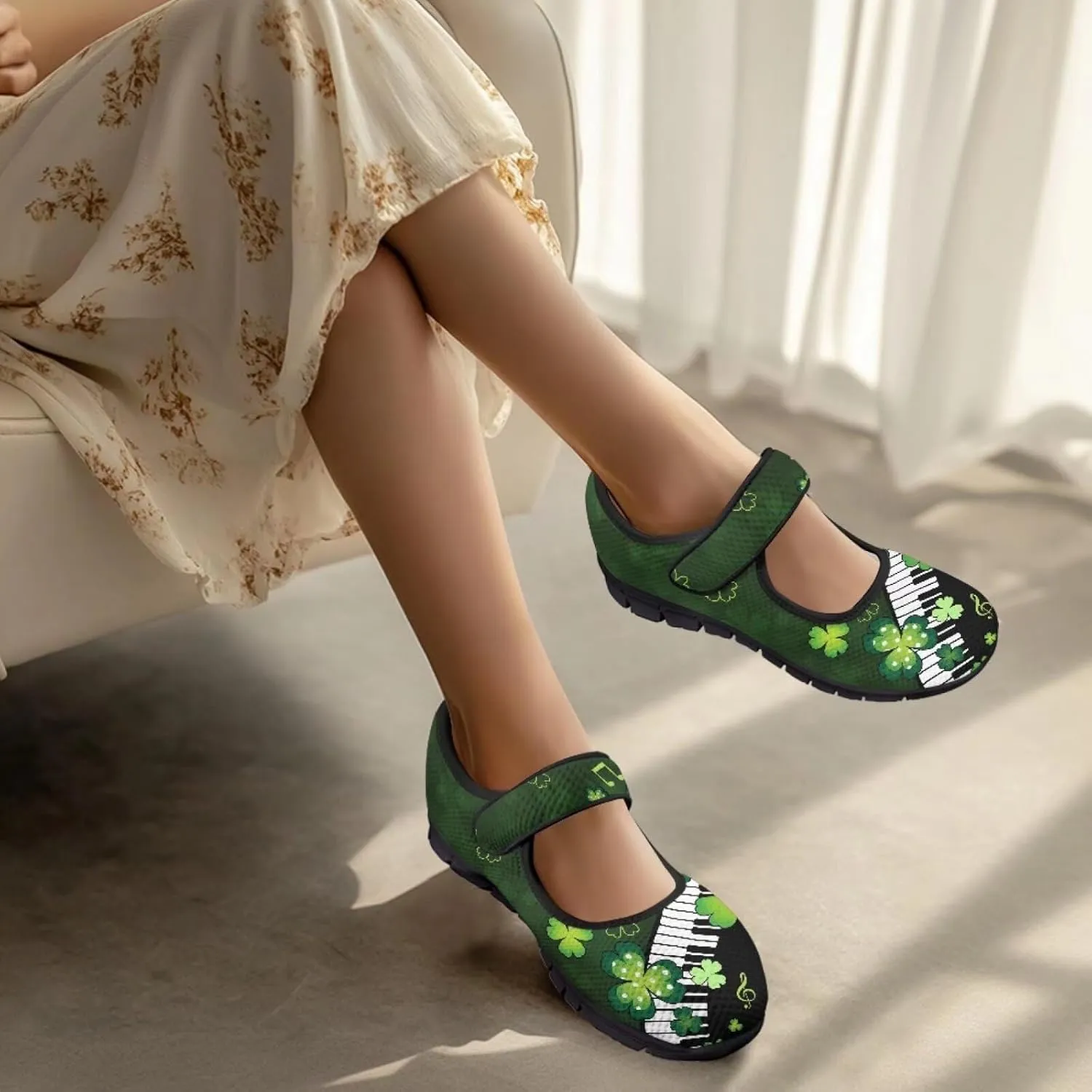 Jeiento St Patrick's Day Mesh Flats for Women Round Toe Ballet Flats Mary Jane Flats