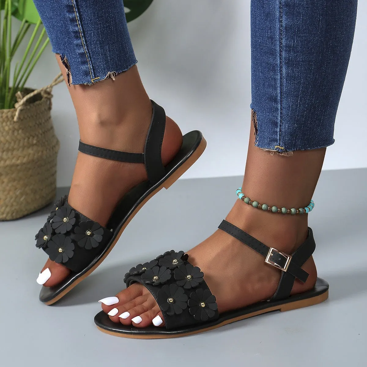 Kathleen – Floral Roman Flat Sandals