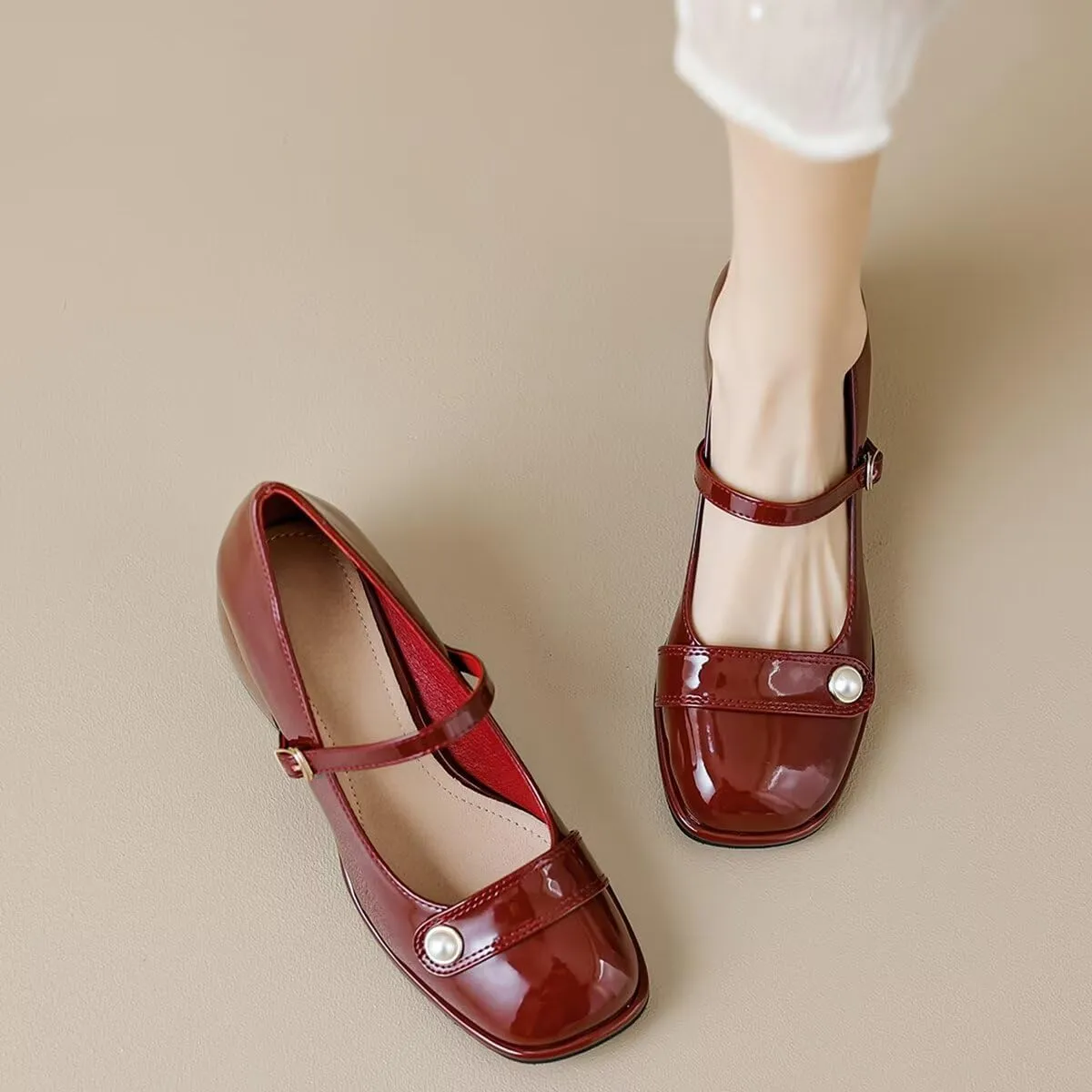 LUXINYU Women Square Toe Heels Pearl Elegant Ladies Pumps Heeled Dress Shoes Comfort Work Shoes