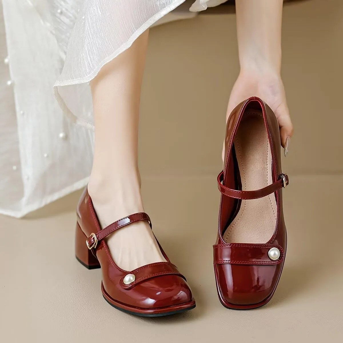 LUXINYU Women Square Toe Heels Pearl Elegant Ladies Pumps Heeled Dress Shoes Comfort Work Shoes