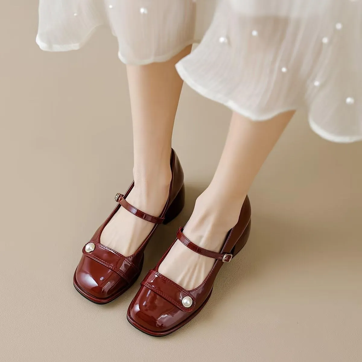 LUXINYU Women Square Toe Heels Pearl Elegant Ladies Pumps Heeled Dress Shoes Comfort Work Shoes