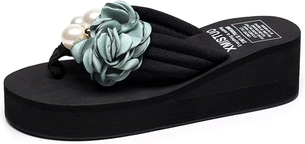 MIOKE Flower Wedge Flipflops For Womens Trendy Summer Boho High Heel Platform Nonslip Beach Thong Sandals