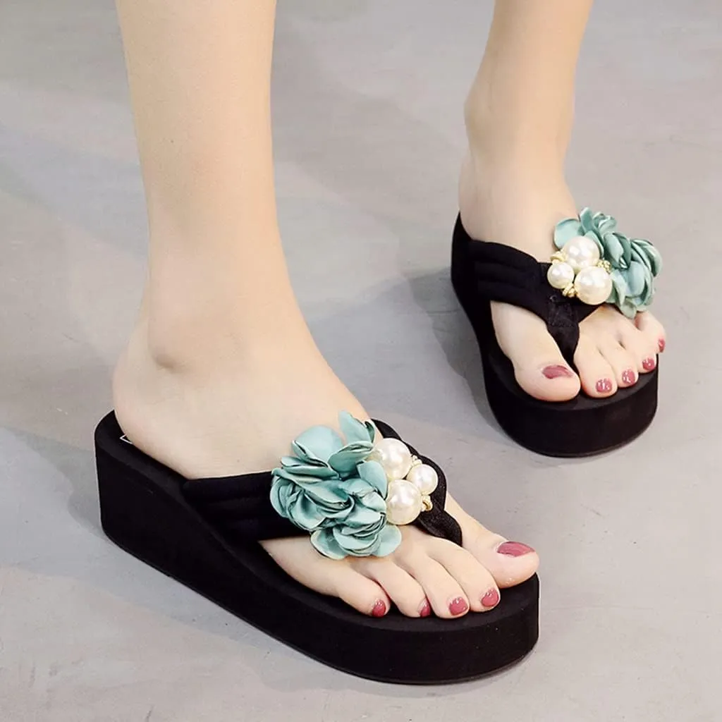 MIOKE Flower Wedge Flipflops For Womens Trendy Summer Boho High Heel Platform Nonslip Beach Thong Sandals