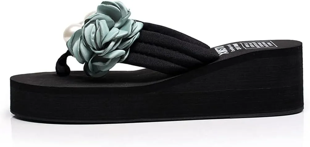 MIOKE Flower Wedge Flipflops For Womens Trendy Summer Boho High Heel Platform Nonslip Beach Thong Sandals