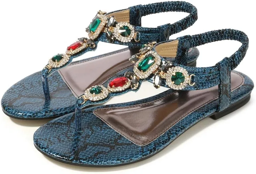 MIOKE Women's Boho Jeweled Flat Sandals T-strap Summer Beach Comfy Slingback Retro Flipflops Thong Sandal
