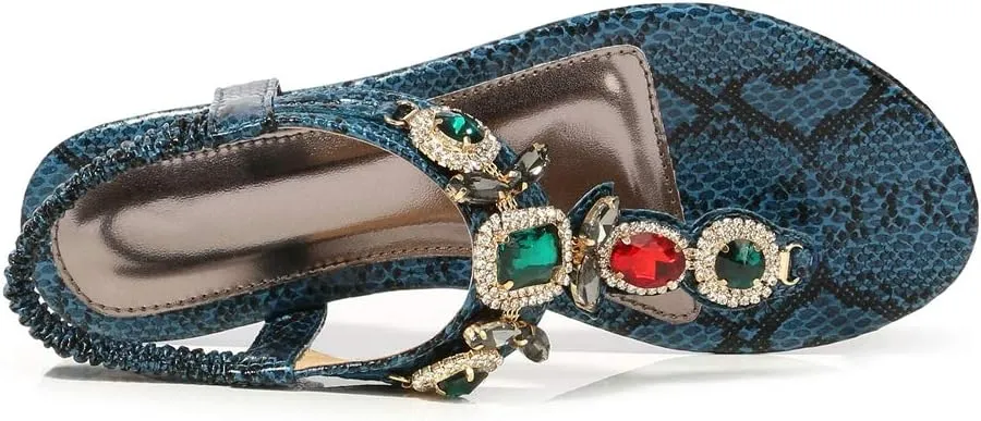 MIOKE Women's Boho Jeweled Flat Sandals T-strap Summer Beach Comfy Slingback Retro Flipflops Thong Sandal