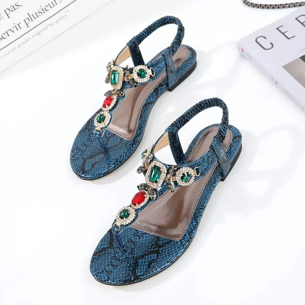 MIOKE Women's Boho Jeweled Flat Sandals T-strap Summer Beach Comfy Slingback Retro Flipflops Thong Sandal