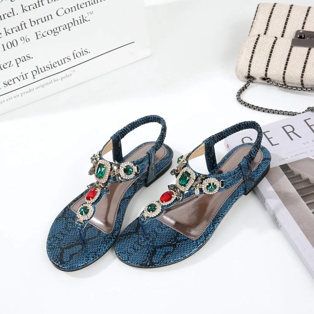 MIOKE Women's Boho Jeweled Flat Sandals T-strap Summer Beach Comfy Slingback Retro Flipflops Thong Sandal