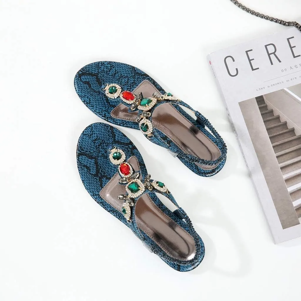 MIOKE Women's Boho Jeweled Flat Sandals T-strap Summer Beach Comfy Slingback Retro Flipflops Thong Sandal