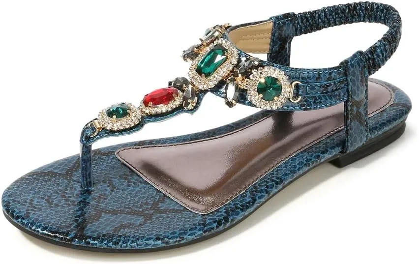 MIOKE Women's Boho Jeweled Flat Sandals T-strap Summer Beach Comfy Slingback Retro Flipflops Thong Sandal