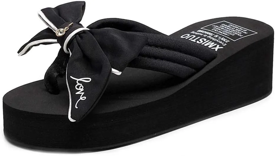 MIOKE Women's Sweet Bowknot Wedge Flipflops Summer Fashion Platform Comfort Nonslip Beach Thong Sandals
