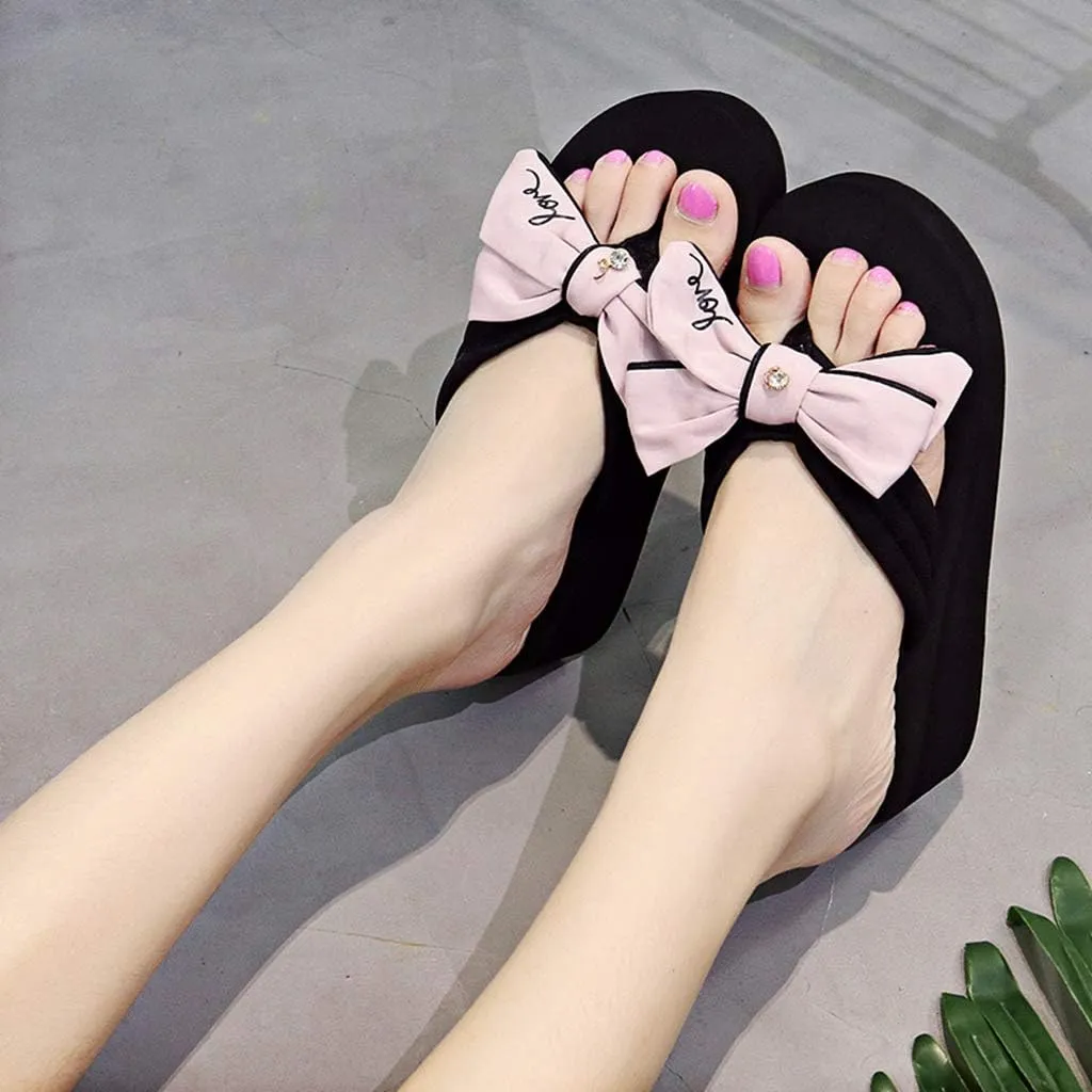MIOKE Women's Sweet Bowknot Wedge Flipflops Summer Fashion Platform Comfort Nonslip Beach Thong Sandals
