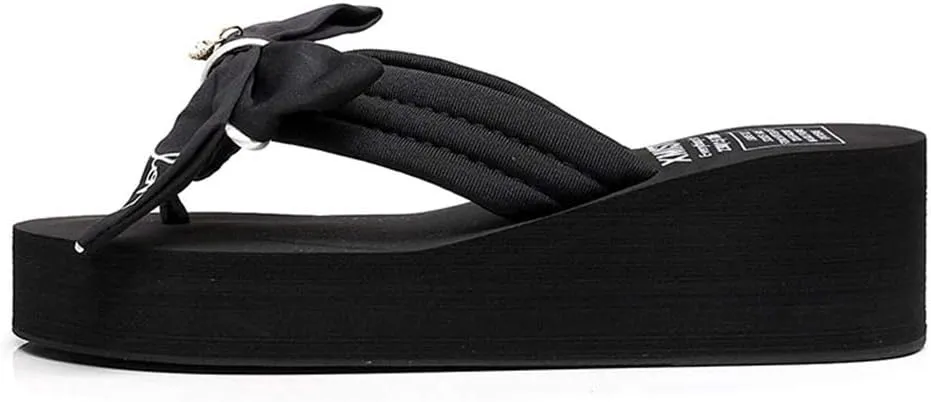 MIOKE Women's Sweet Bowknot Wedge Flipflops Summer Fashion Platform Comfort Nonslip Beach Thong Sandals