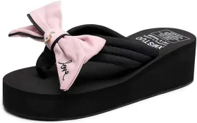 MIOKE Women's Sweet Bowknot Wedge Flipflops Summer Fashion Platform Comfort Nonslip Beach Thong Sandals