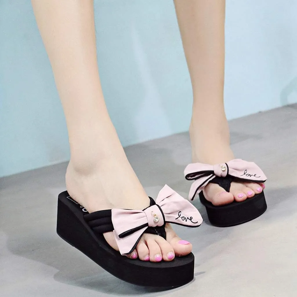 MIOKE Women's Sweet Bowknot Wedge Flipflops Summer Fashion Platform Comfort Nonslip Beach Thong Sandals