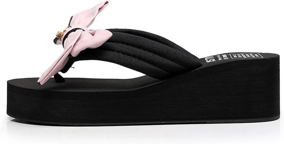 MIOKE Women's Sweet Bowknot Wedge Flipflops Summer Fashion Platform Comfort Nonslip Beach Thong Sandals
