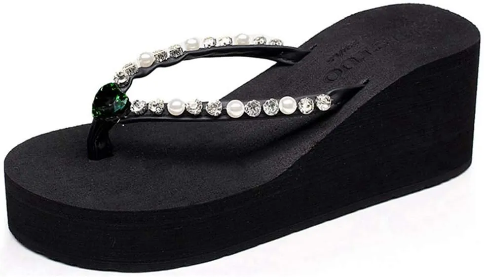MISTU Women's Wedge High Heel Flipflops Sparkly Rhinestone Summer Platform Anti-Slip Beach Thong Sandals
