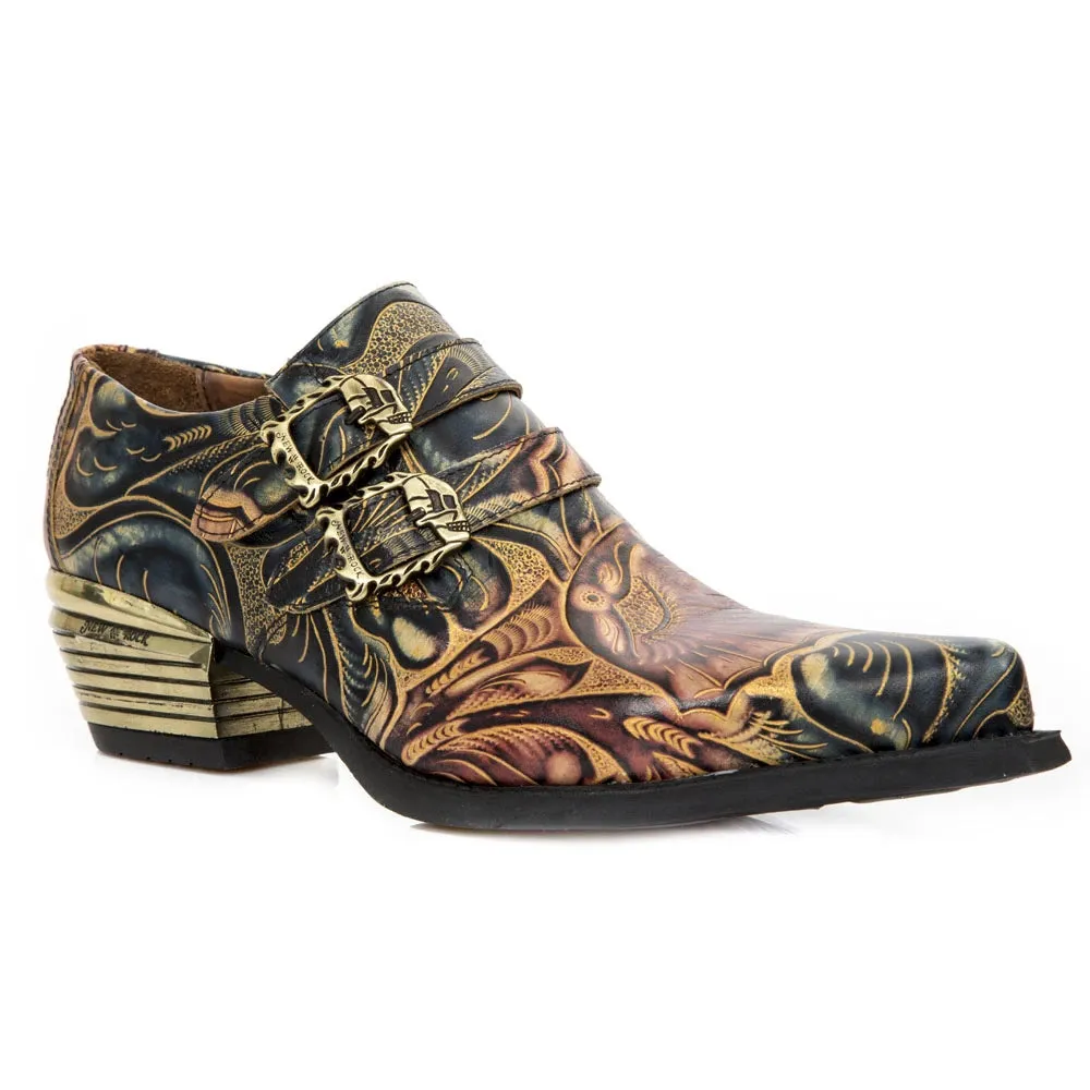 New Rock M-7960-s14 Embossed Vintage Shoes Black Leather Buckle Steel Heel