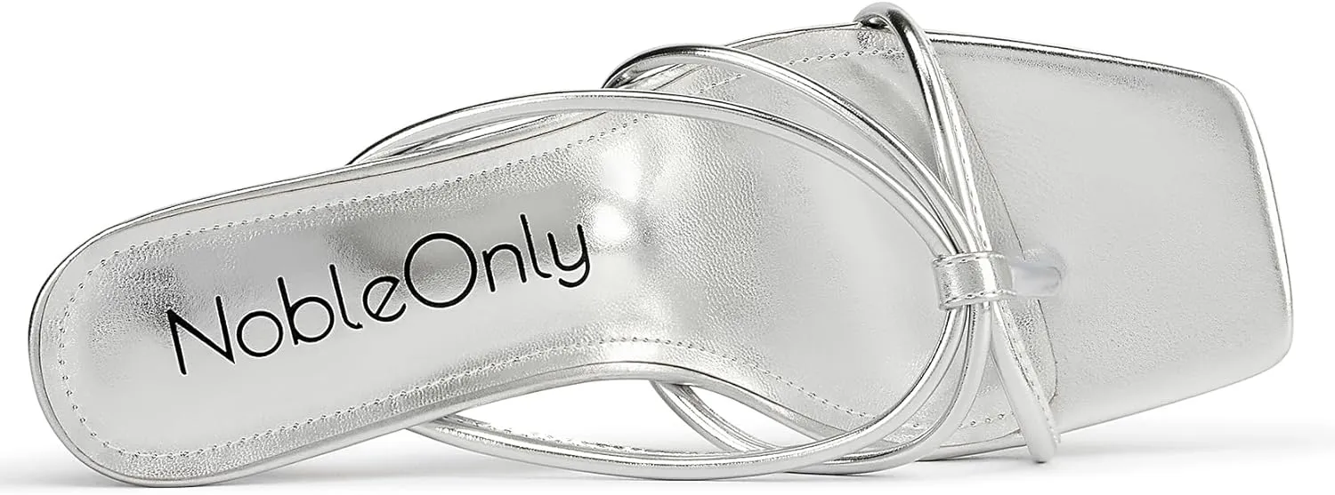 NobleOnly Womens Strappy Kitten Heels Square Open Toe Thong Heels Flip Flop Heels Dress Prom Slip-on Mule Heels 2.6 Inches Heels