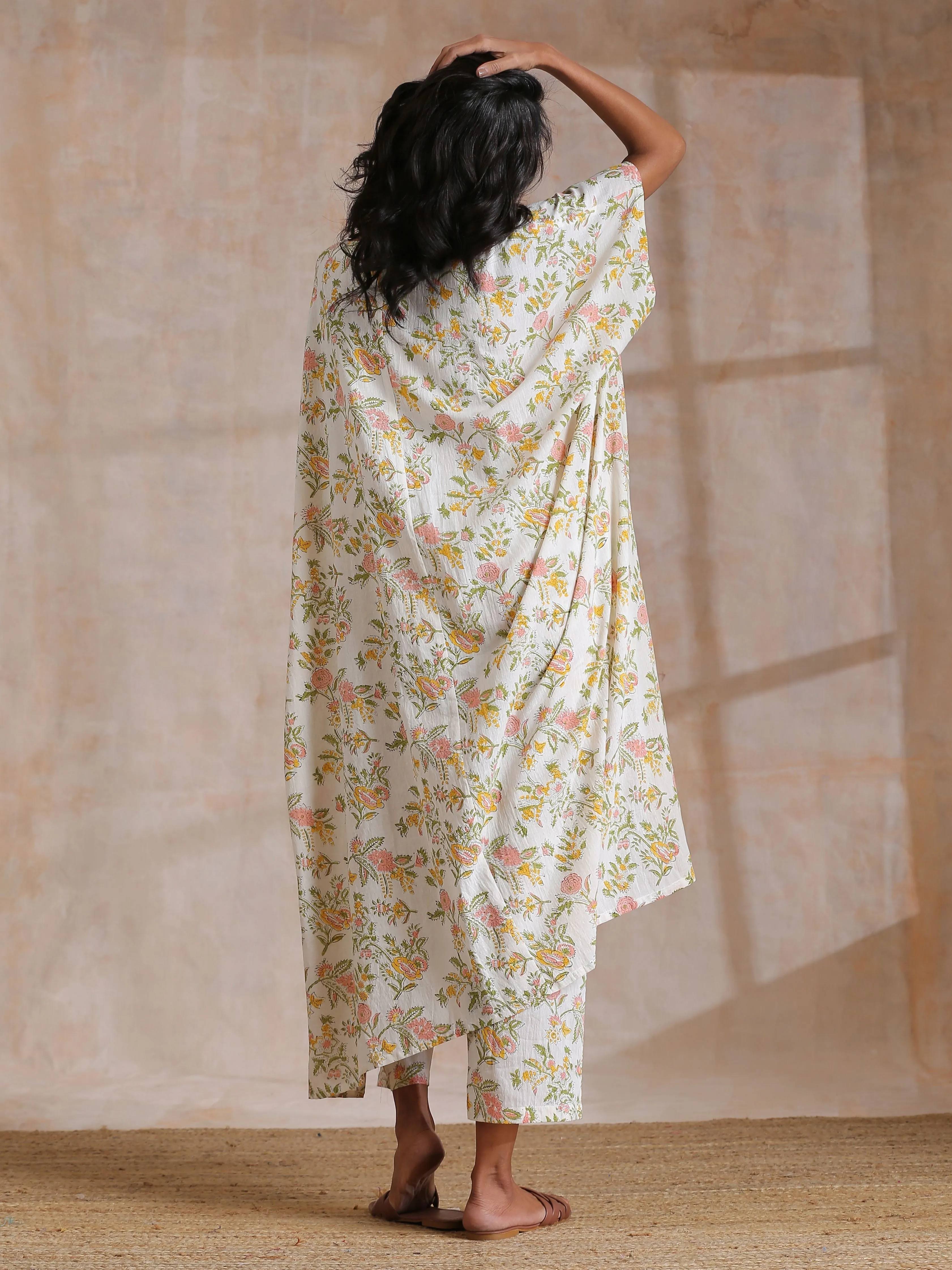 Pink Yellow Floral On White Block Print Cotton Panel Kaftan Kurta Pant Set
