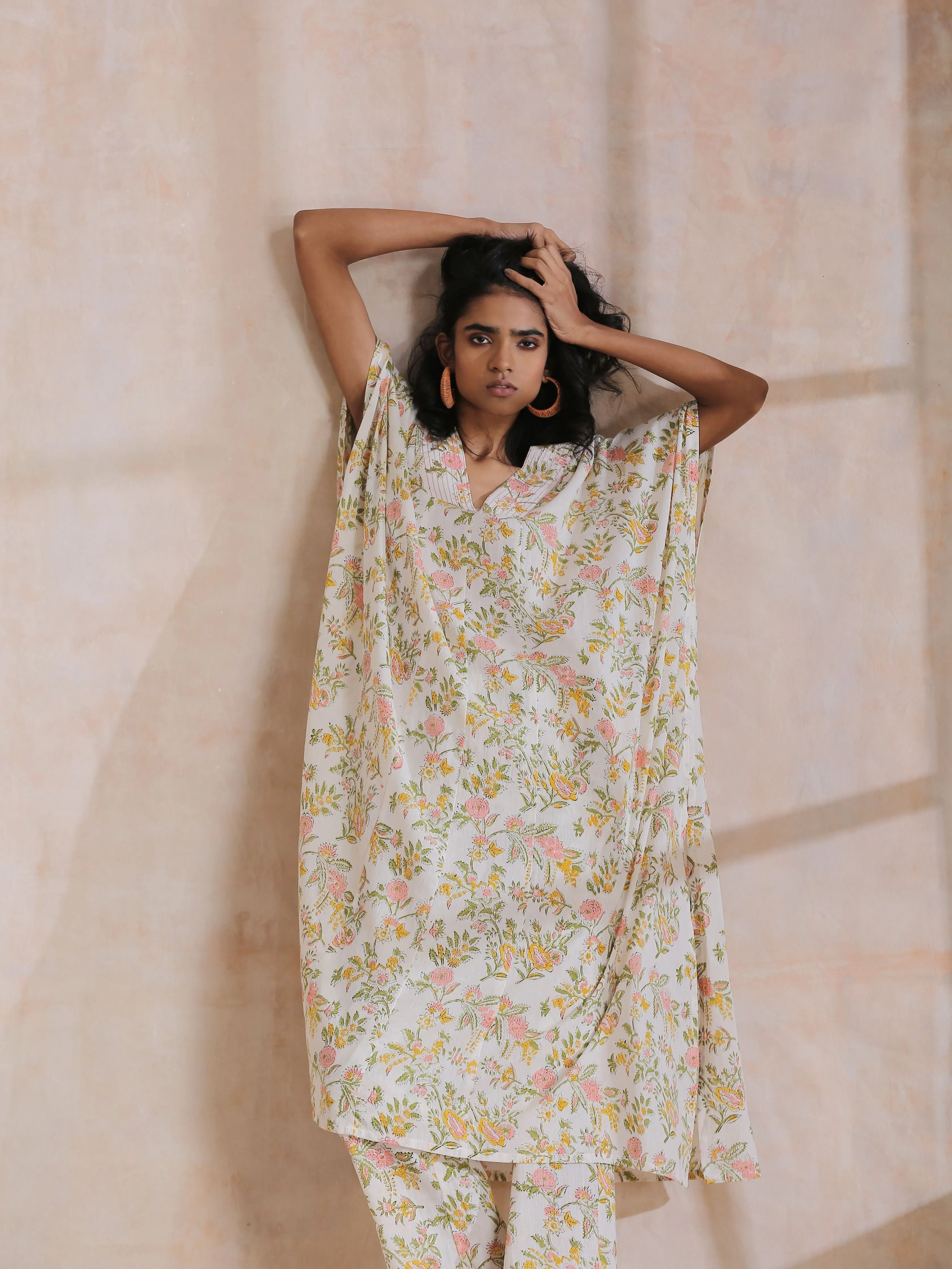 Pink Yellow Floral On White Block Print Cotton Panel Kaftan Kurta Pant Set