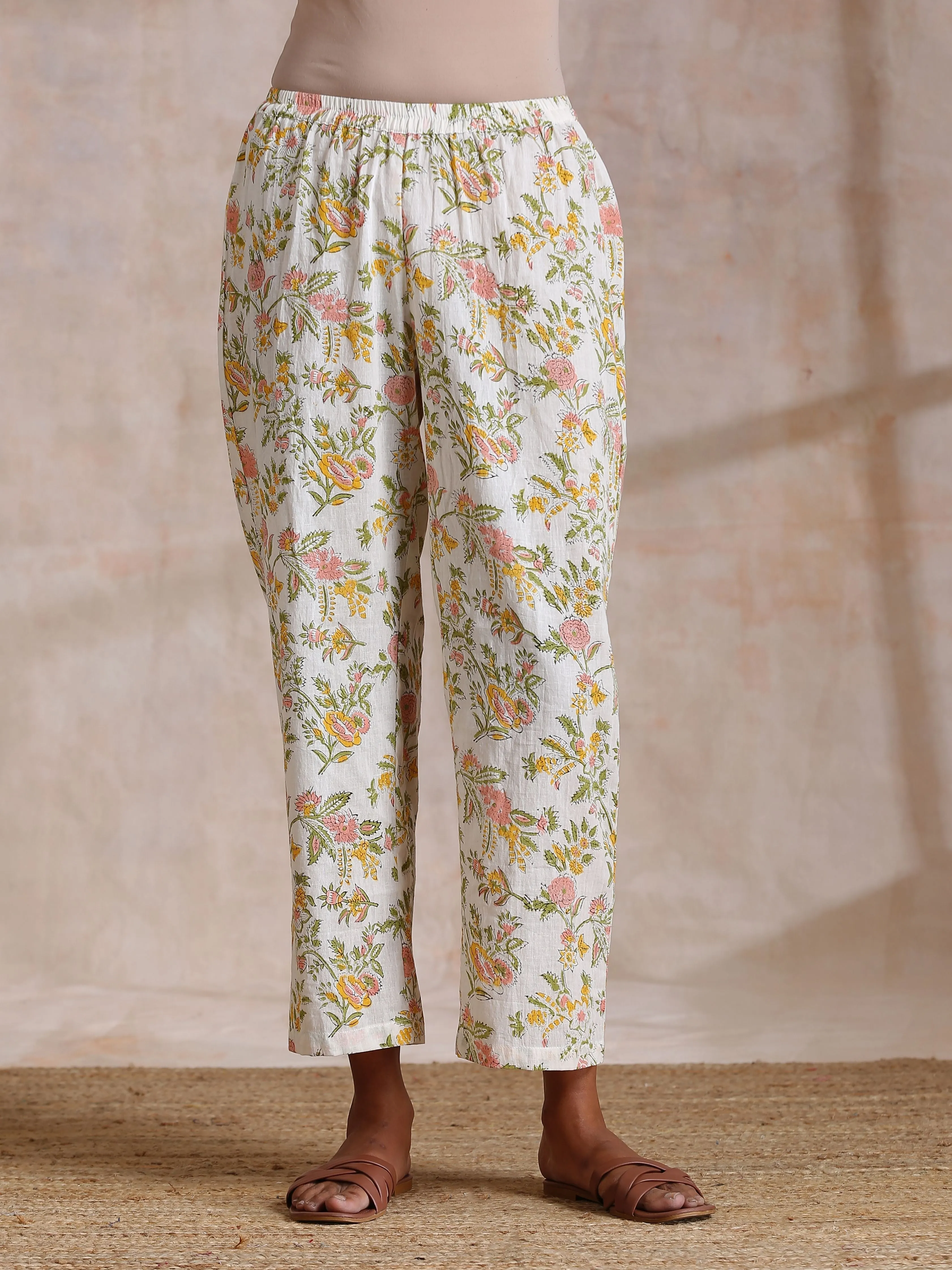 Pink Yellow Floral On White Block Print Cotton Panel Kaftan Kurta Pant Set