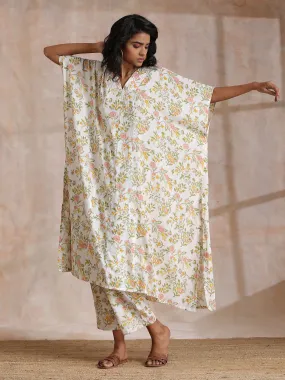 Pink Yellow Floral On White Block Print Cotton Panel Kaftan Kurta Pant Set