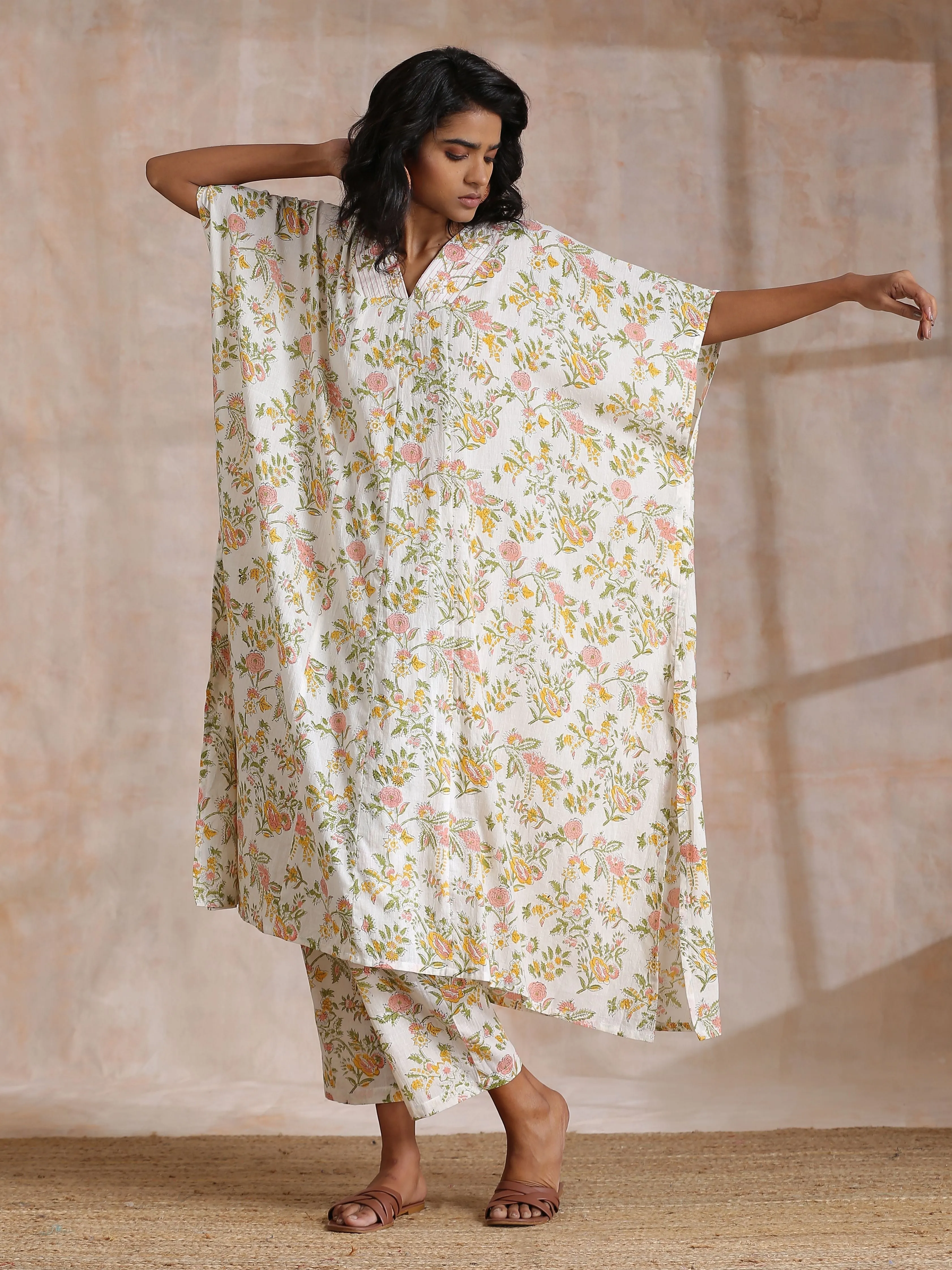Pink Yellow Floral On White Block Print Cotton Panel Kaftan Kurta Pant Set