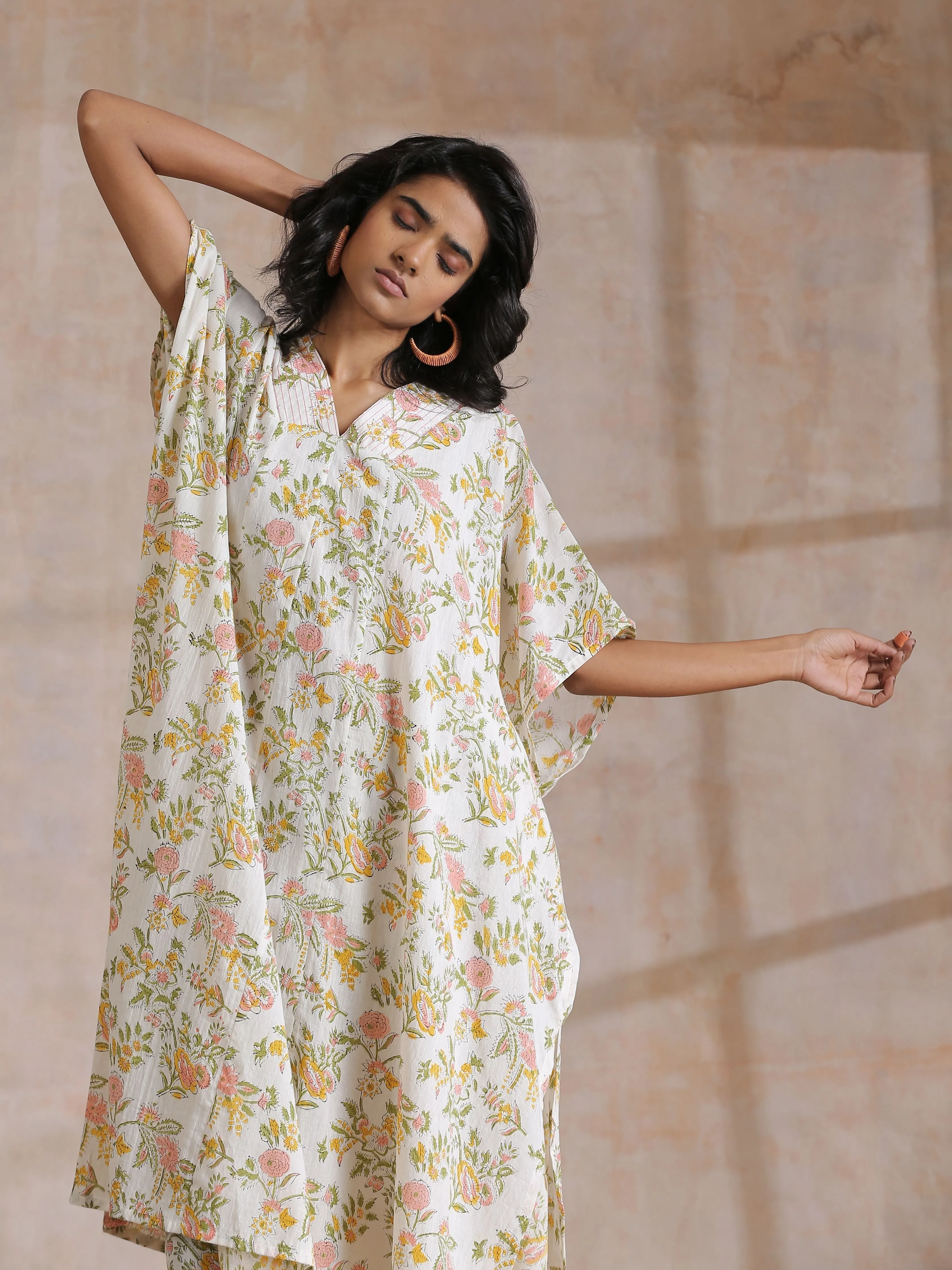 Pink Yellow Floral On White Block Print Cotton Panel Kaftan Kurta Pant Set