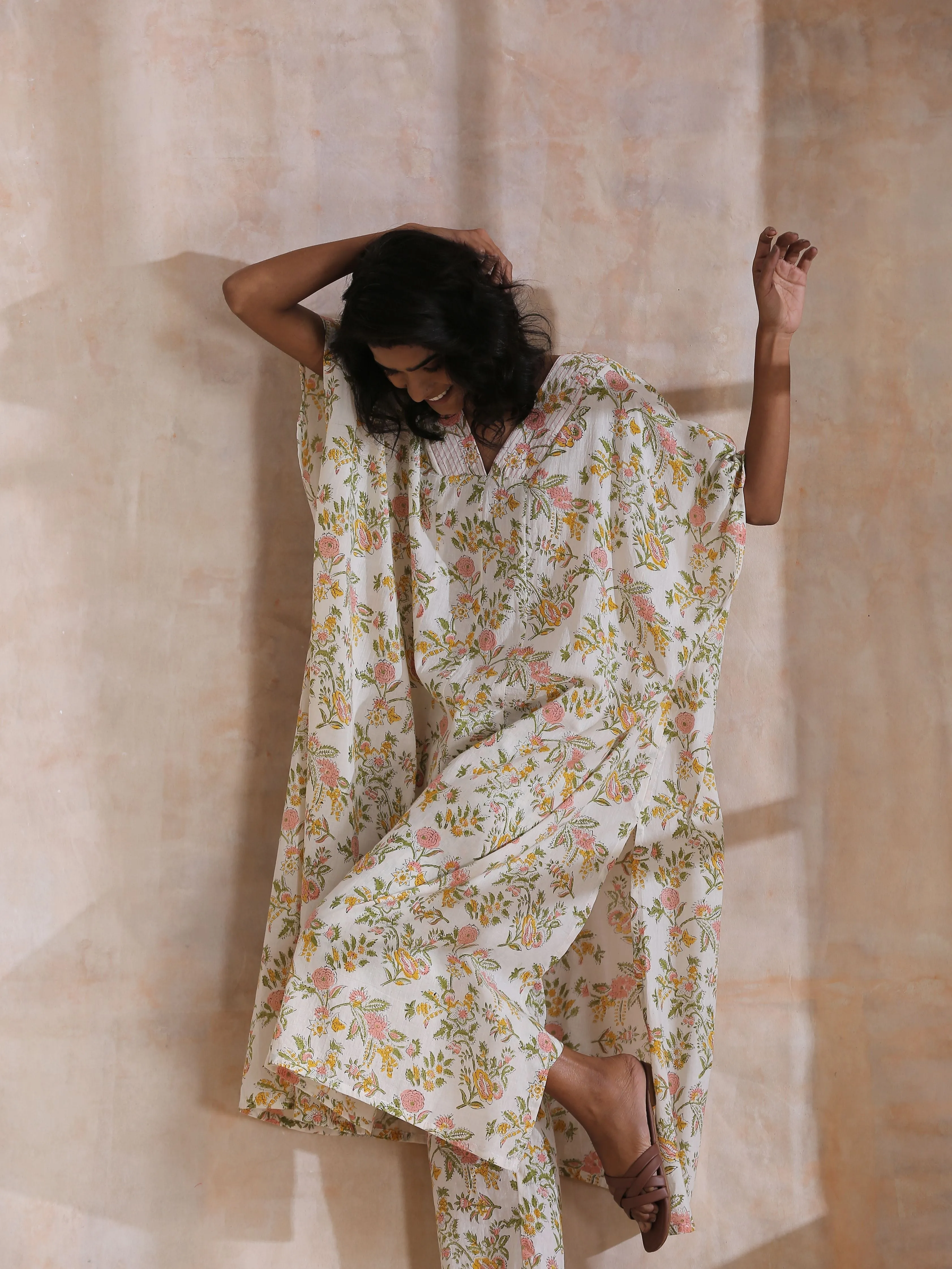 Pink Yellow Floral On White Block Print Cotton Panel Kaftan Kurta Pant Set
