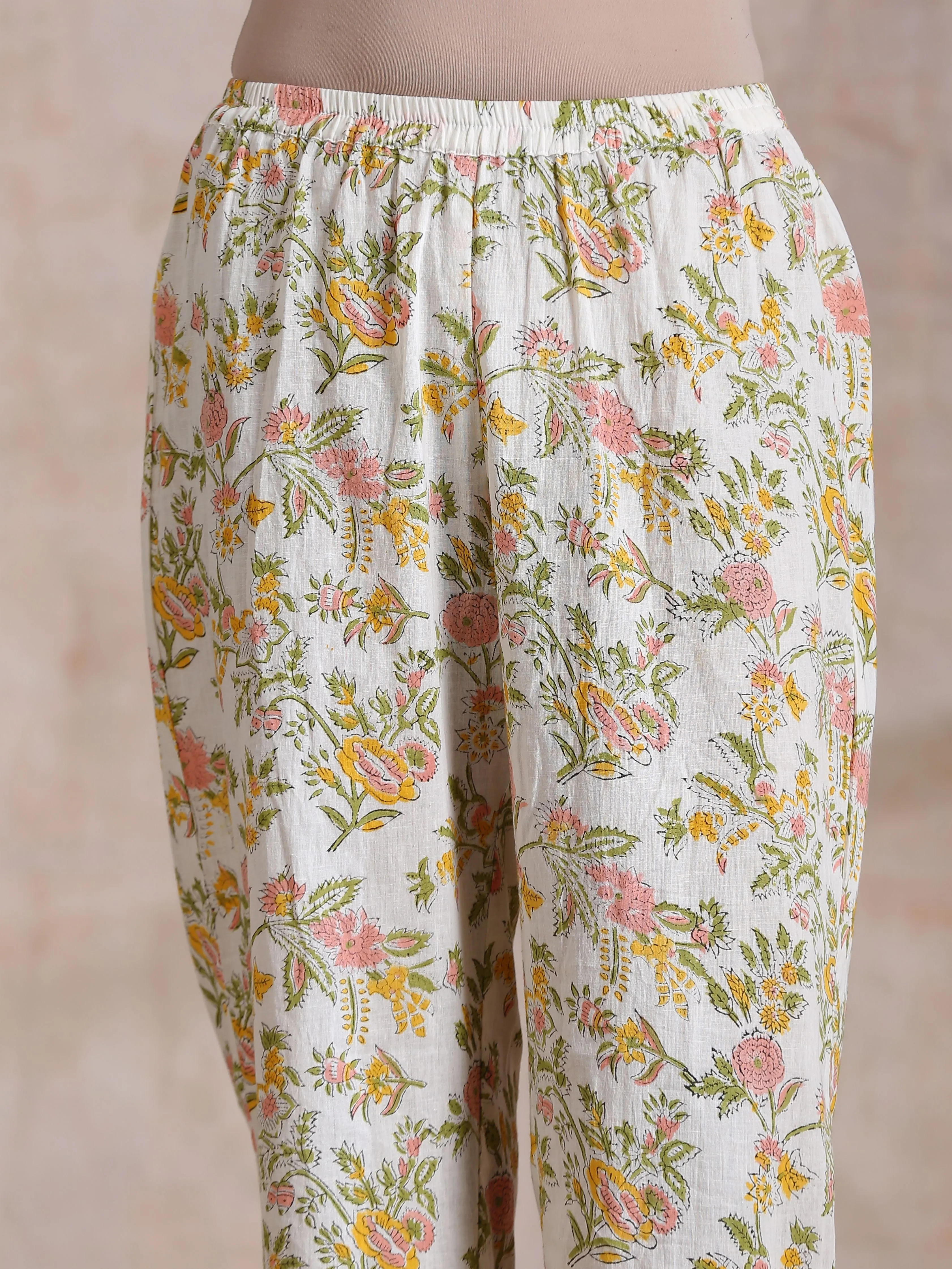 Pink Yellow Floral On White Block Print Cotton Panel Kaftan Kurta Pant Set