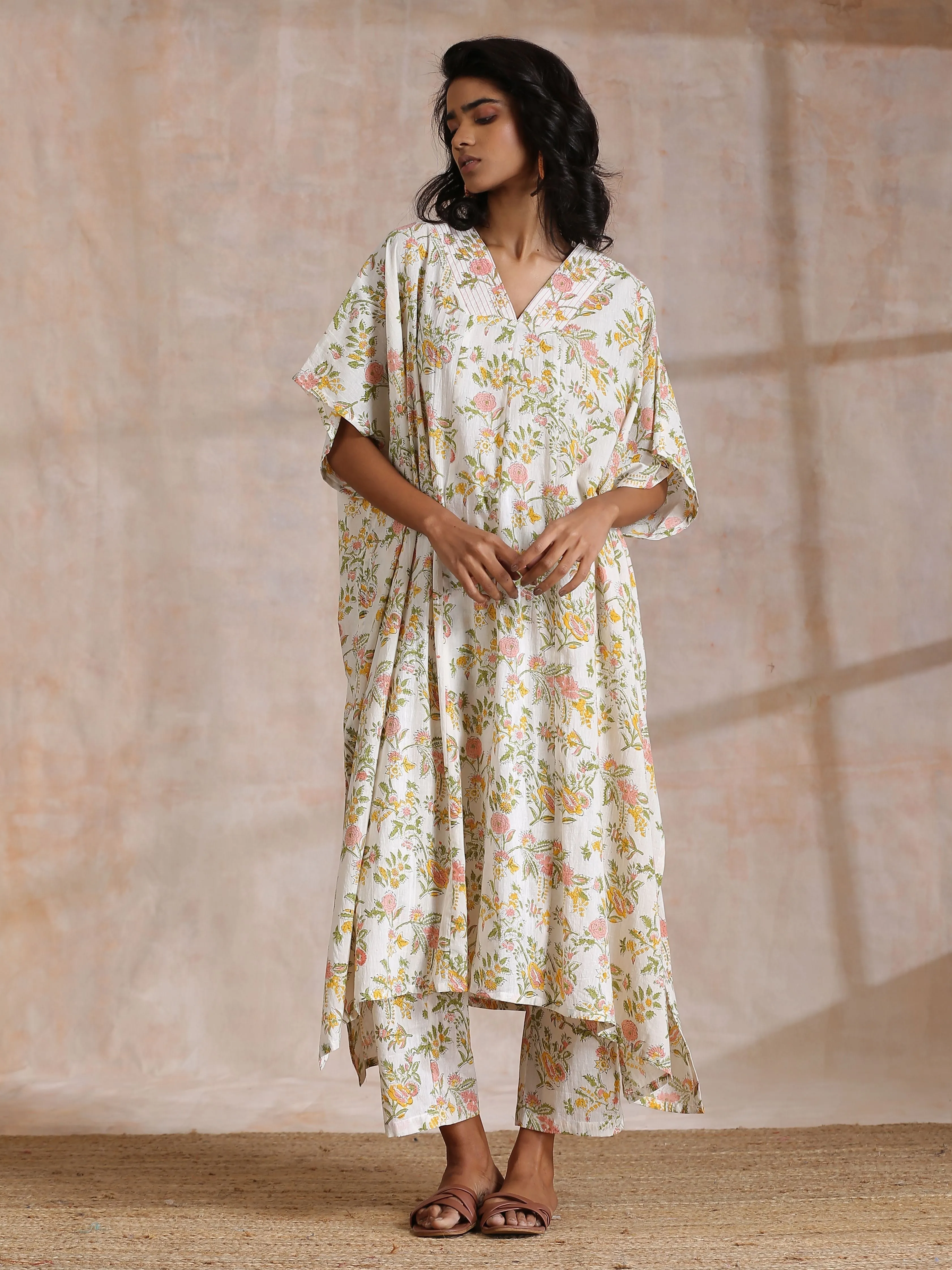 Pink Yellow Floral On White Block Print Cotton Panel Kaftan Kurta Pant Set