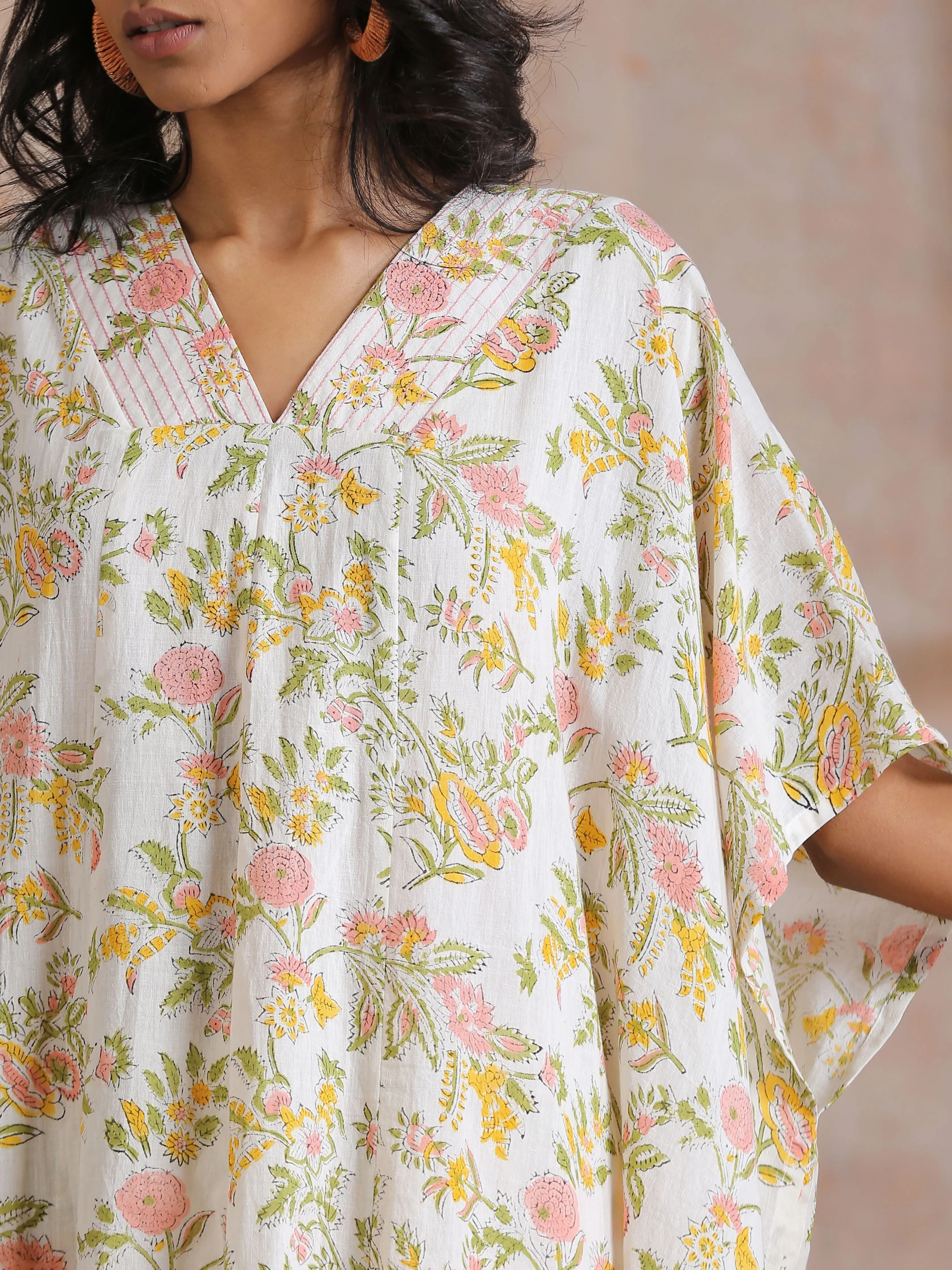 Pink Yellow Floral On White Block Print Cotton Panel Kaftan Kurta Pant Set