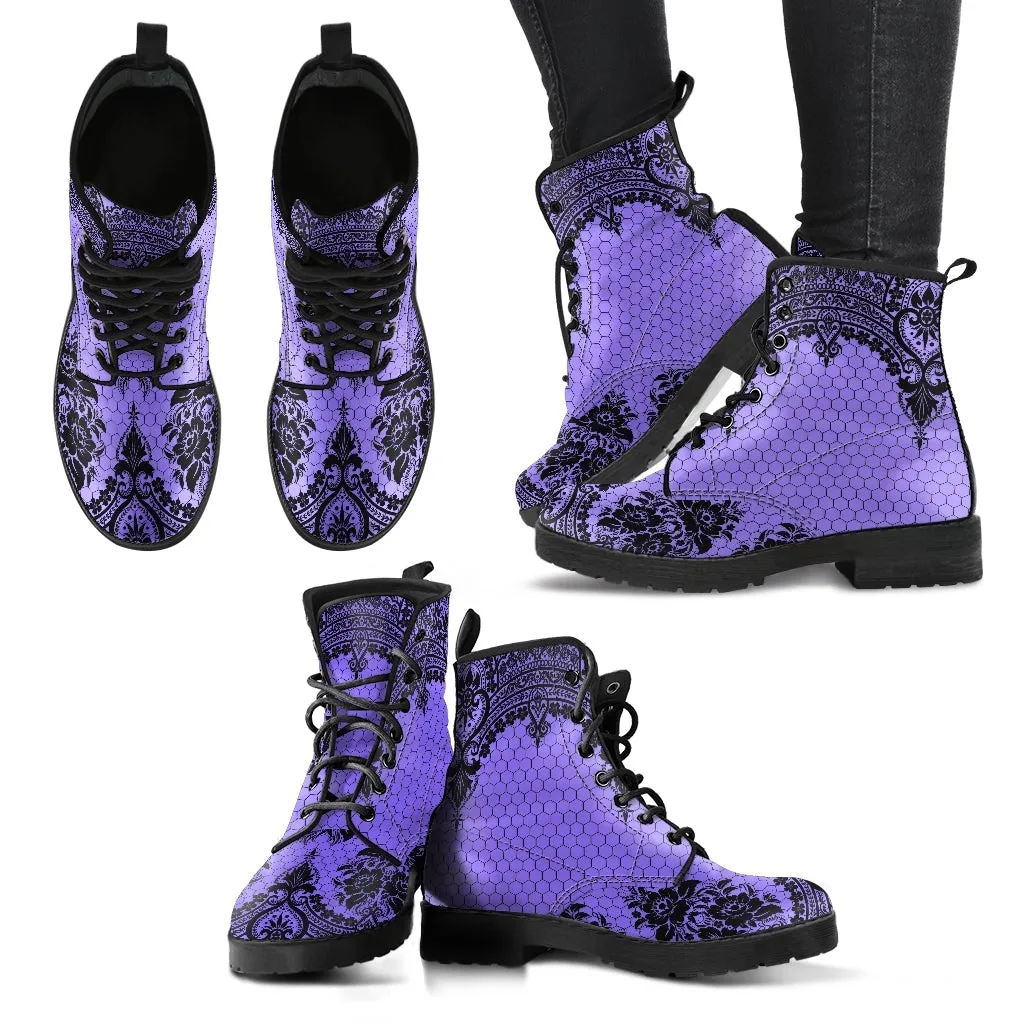 Purple Combat Boots-Gothic Lace Print 112 | Unisex Boots, Custom Shoes, Hippie Boots, Lace Up Boots, 90s Boots, Women's Boots