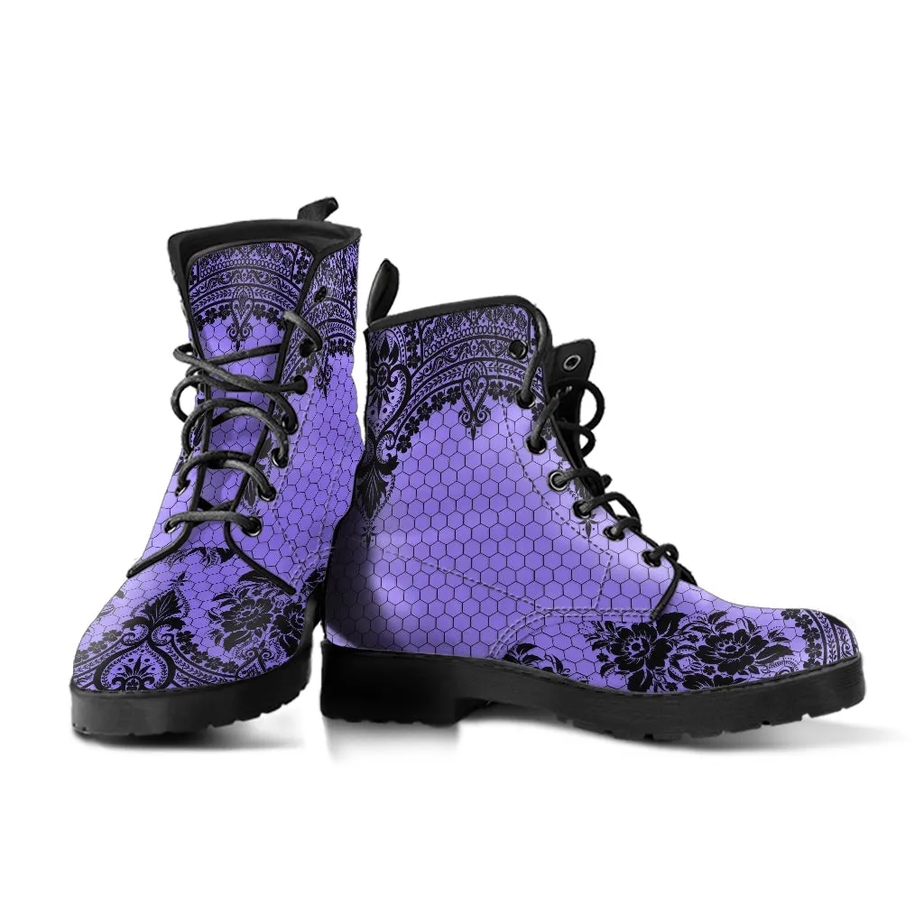 Purple Combat Boots-Gothic Lace Print 112 | Unisex Boots, Custom Shoes, Hippie Boots, Lace Up Boots, 90s Boots, Women's Boots