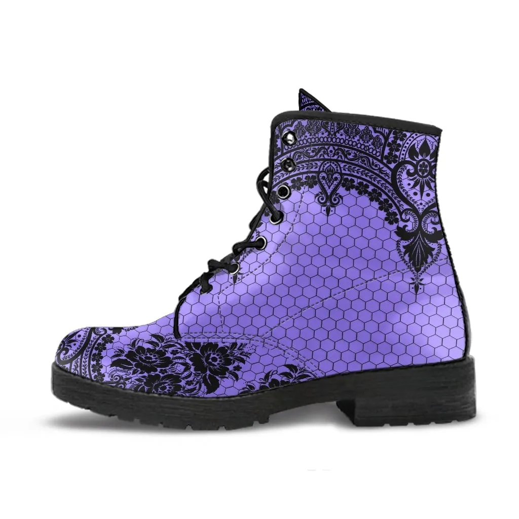 Purple Combat Boots-Gothic Lace Print 112 | Unisex Boots, Custom Shoes, Hippie Boots, Lace Up Boots, 90s Boots, Women's Boots