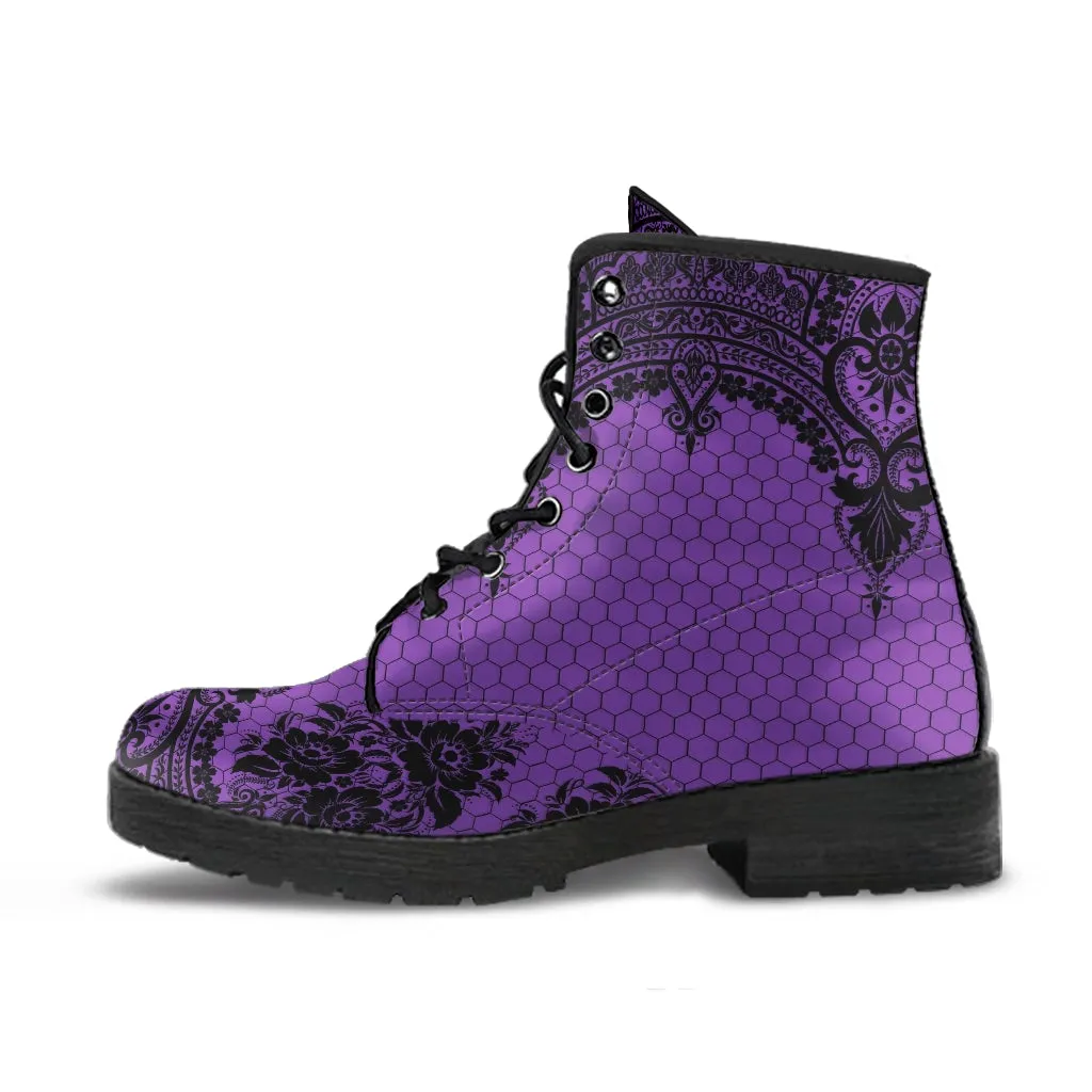 Purple Combat Boots-Gothic Lace Print 112 | Unisex Boots, Custom Shoes, Hippie Boots, Lace Up Boots, 90s Boots, Women's Boots
