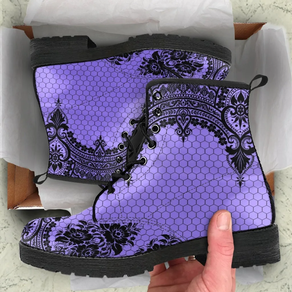 Purple Combat Boots-Gothic Lace Print 112 | Unisex Boots, Custom Shoes, Hippie Boots, Lace Up Boots, 90s Boots, Women's Boots