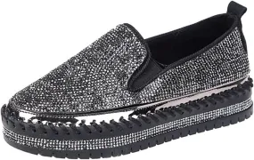 SACFOF Women Rhinestone Platform Loafers Glitter Fashion Slip-On Sparkle Bling Sequin Sneakers Casual Walking Flat Shoes