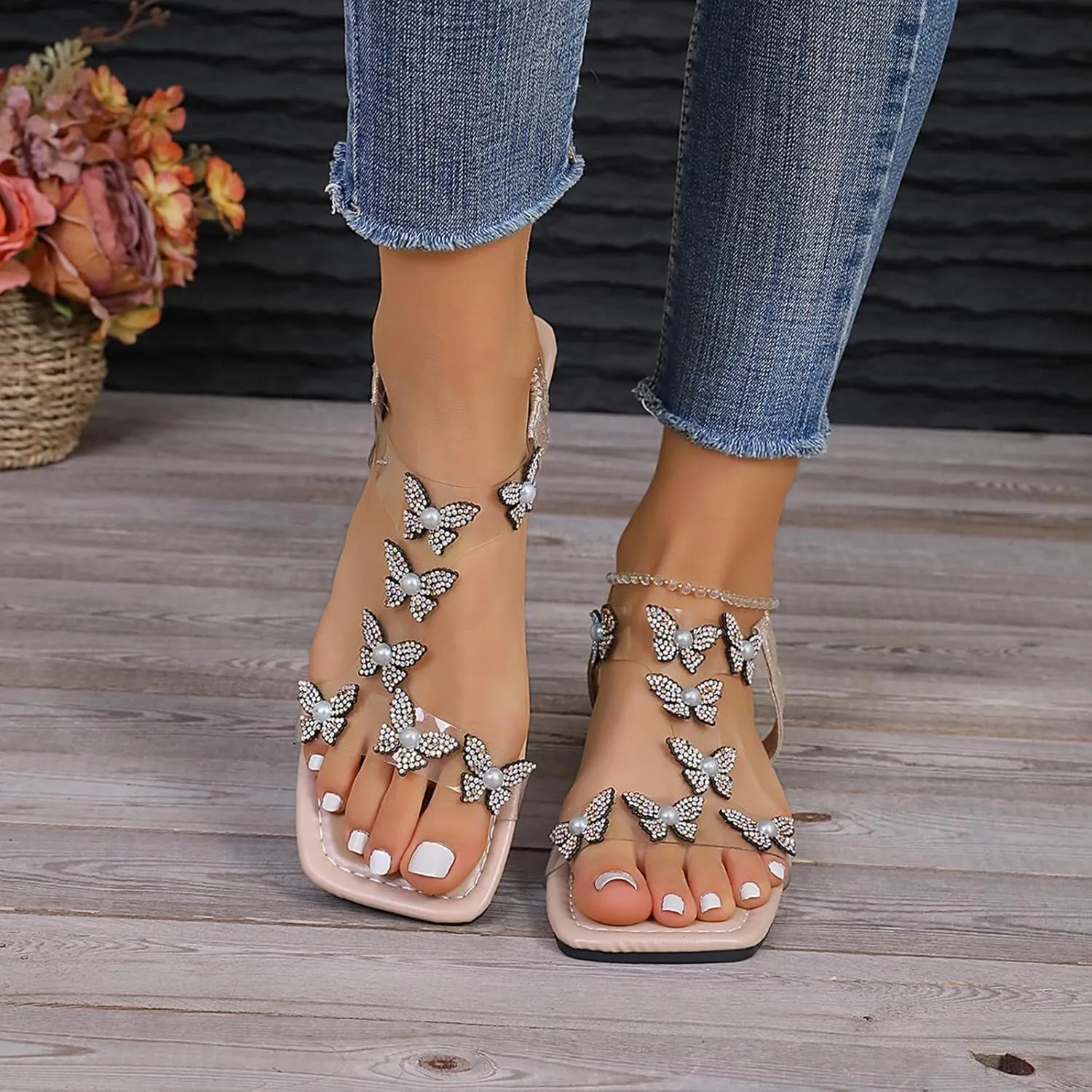 SACFOF Women's Butterfly Sandals Summer Rhinestone Square Open Toe Slides Beach Sandals Flat Sandals Dressy Slip on Slides